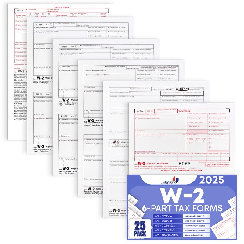 Dutymark W2 Forms 2025 6 Part, Kit of Laser W2 Tax Forms for 25 Employees and W3 Transmittal for Quickbooks and Accounting Software, 2025 W2 Forms - Image 1